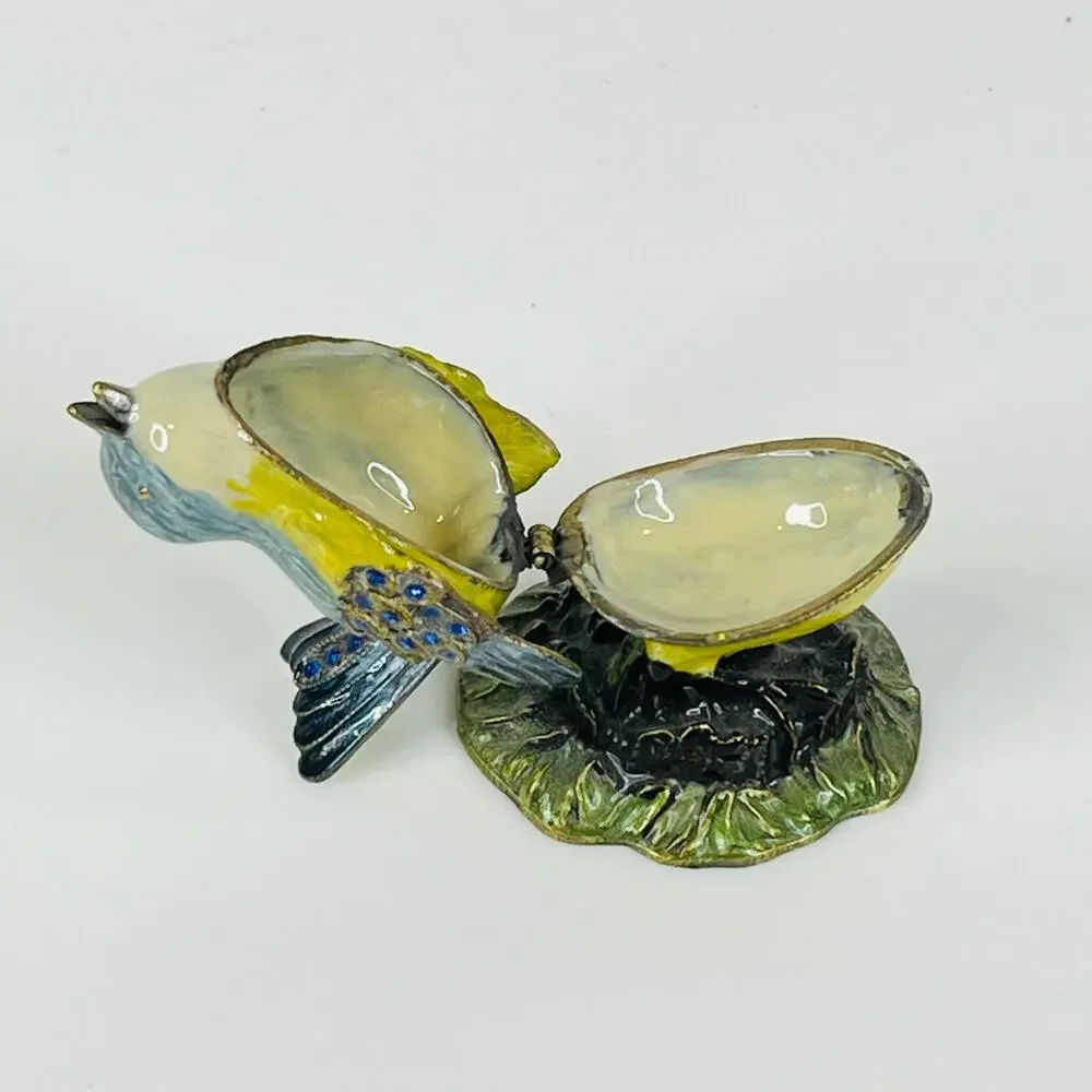 VTG Enameled Metal BLUE BIRD TRINKET BOX Crystal Rhinestone 3.2